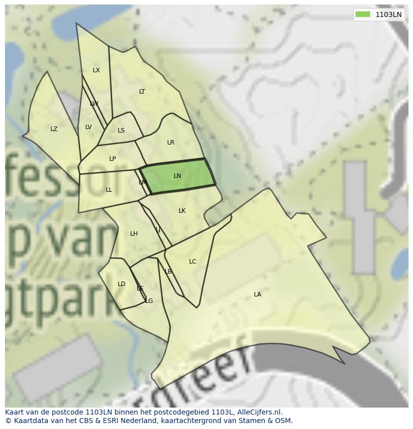 Afbeelding van het postcodegebied 1103 LN op de kaart.