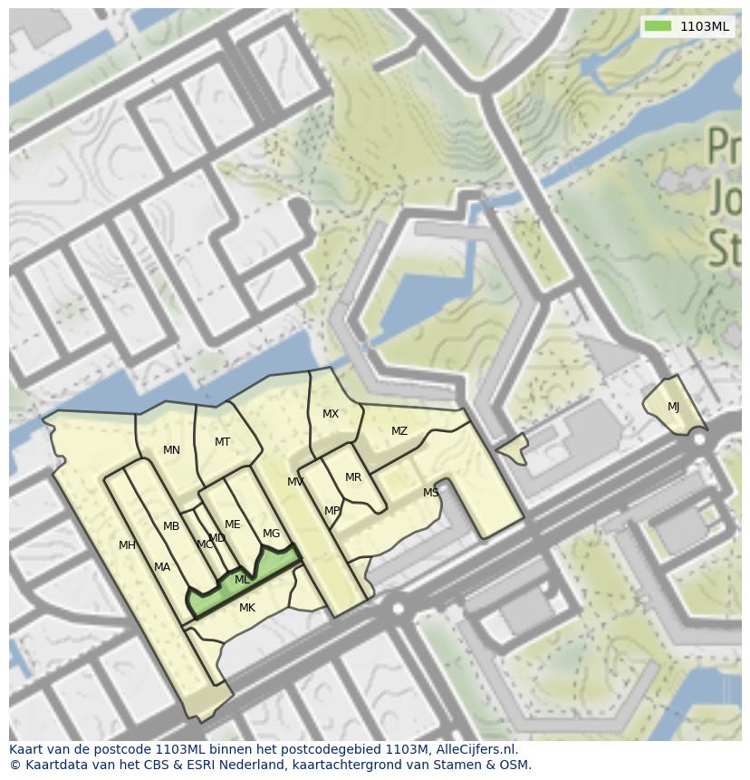 Afbeelding van het postcodegebied 1103 ML op de kaart.