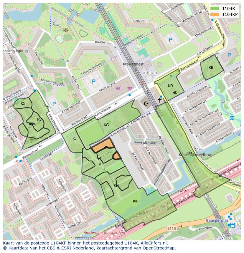 Afbeelding van het postcodegebied 1104 KP op de kaart.