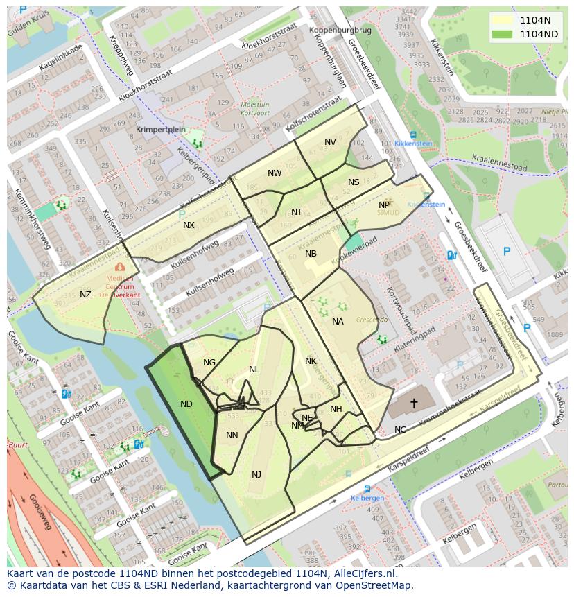 Afbeelding van het postcodegebied 1104 ND op de kaart.