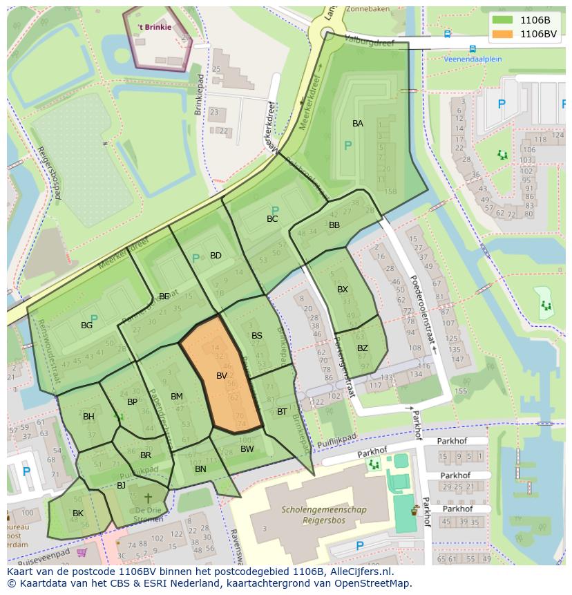 Afbeelding van het postcodegebied 1106 BV op de kaart.