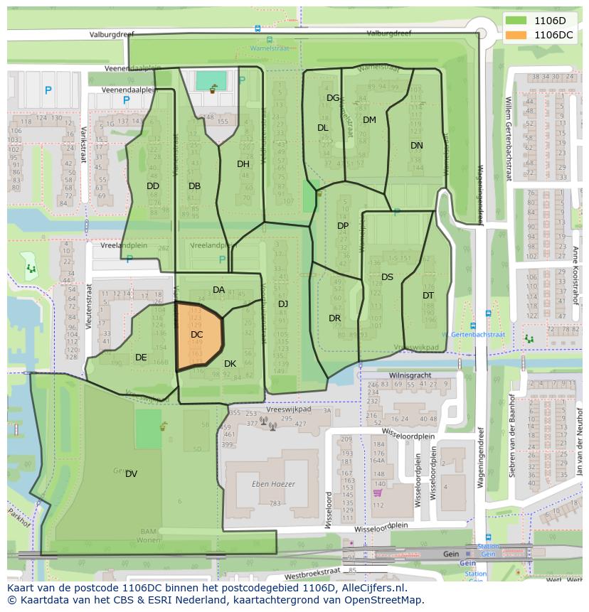 Afbeelding van het postcodegebied 1106 DC op de kaart.