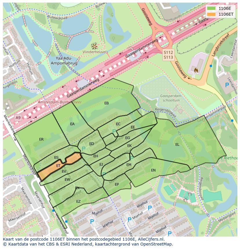 Afbeelding van het postcodegebied 1106 ET op de kaart.