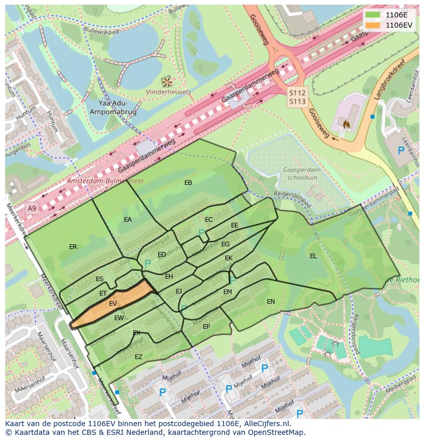 Afbeelding van het postcodegebied 1106 EV op de kaart.