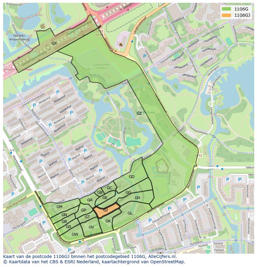 Afbeelding van het postcodegebied 1106 GJ op de kaart.