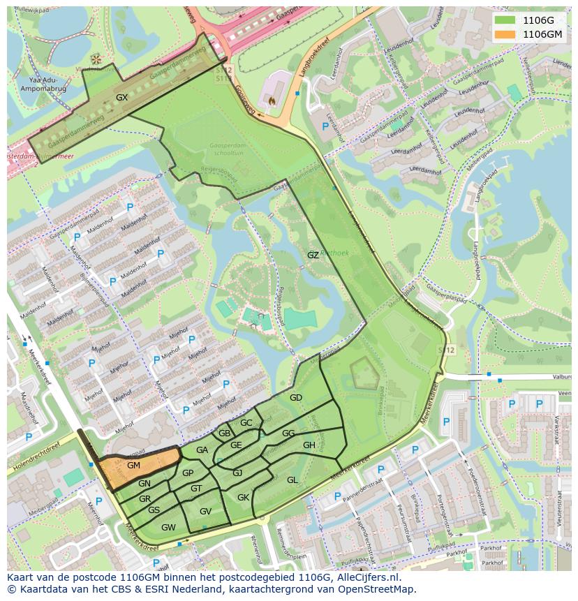 Afbeelding van het postcodegebied 1106 GM op de kaart.