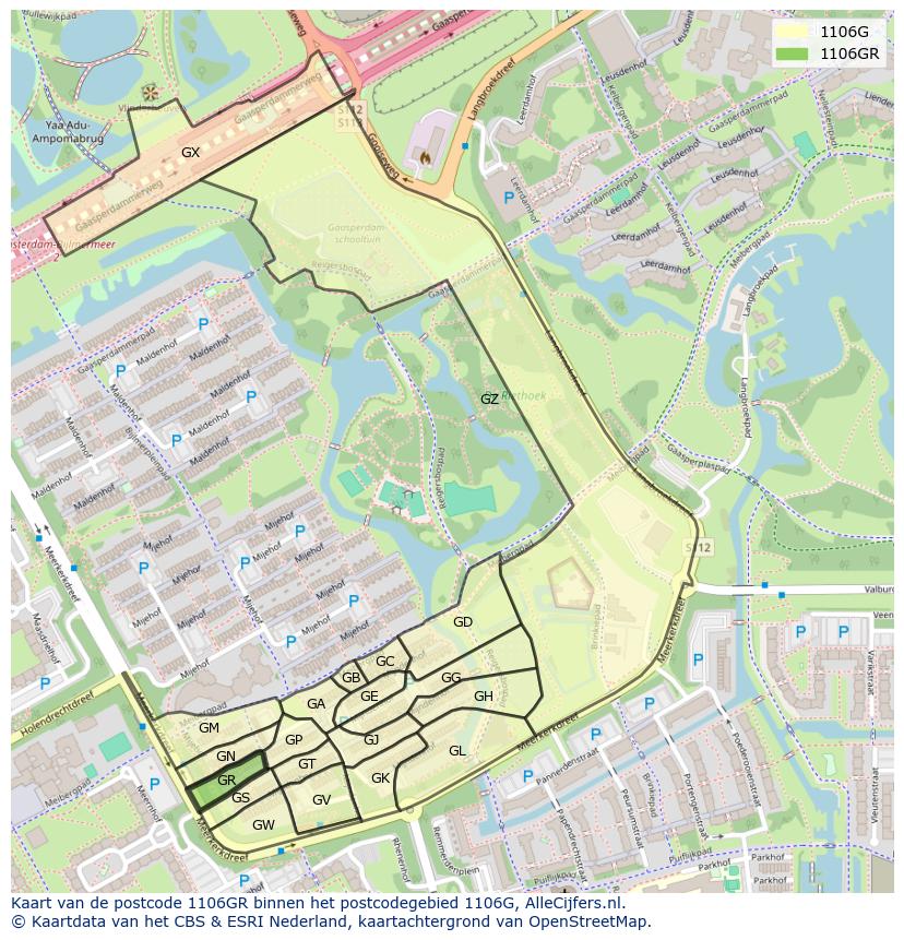Afbeelding van het postcodegebied 1106 GR op de kaart.