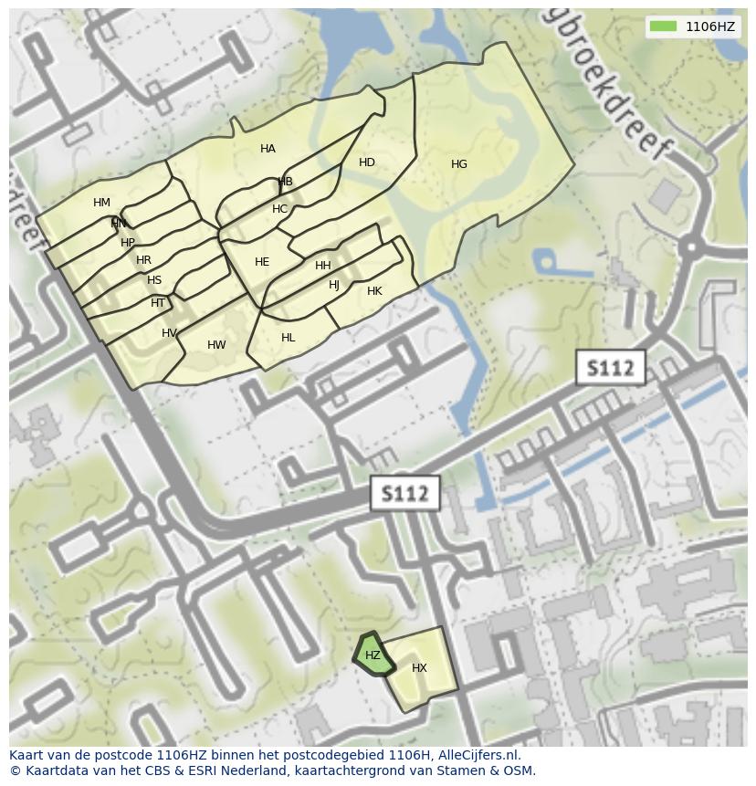 Afbeelding van het postcodegebied 1106 HZ op de kaart.