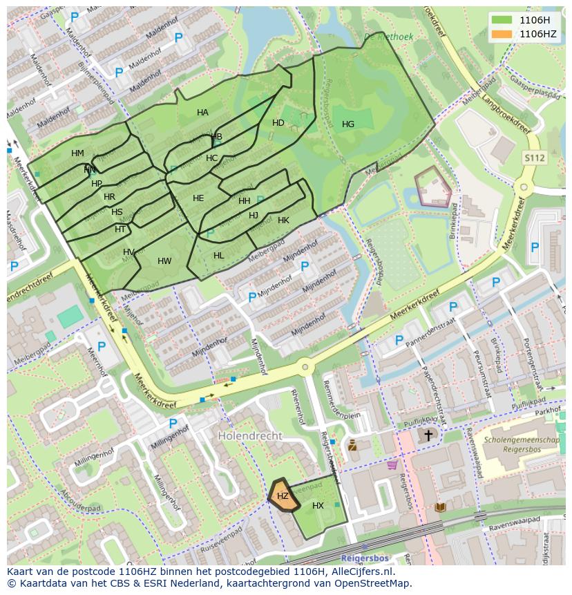 Afbeelding van het postcodegebied 1106 HZ op de kaart.