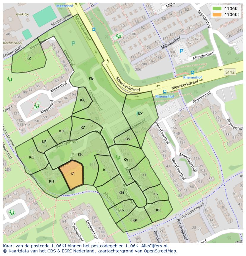 Afbeelding van het postcodegebied 1106 KJ op de kaart.