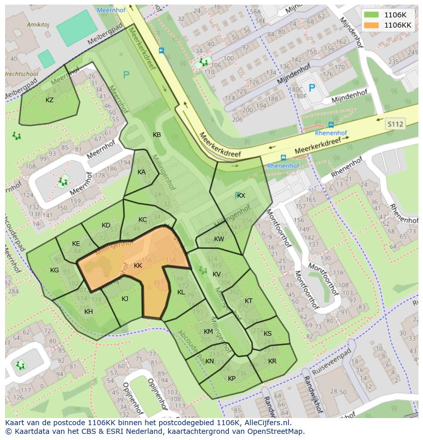 Afbeelding van het postcodegebied 1106 KK op de kaart.