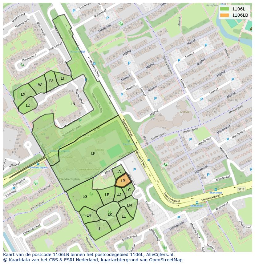 Afbeelding van het postcodegebied 1106 LB op de kaart.