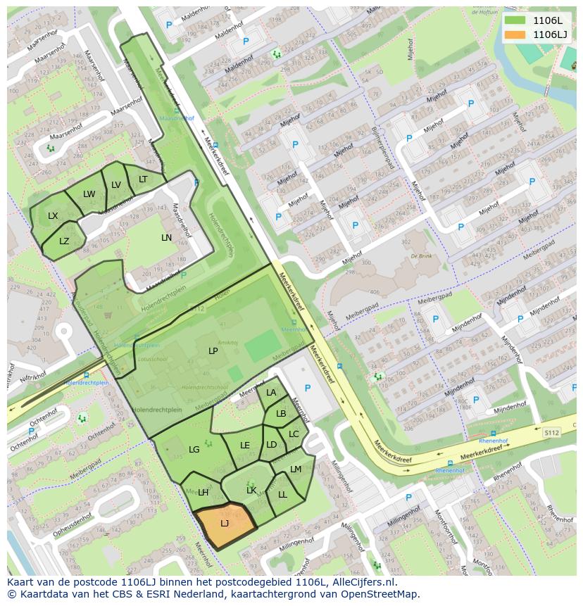 Afbeelding van het postcodegebied 1106 LJ op de kaart.