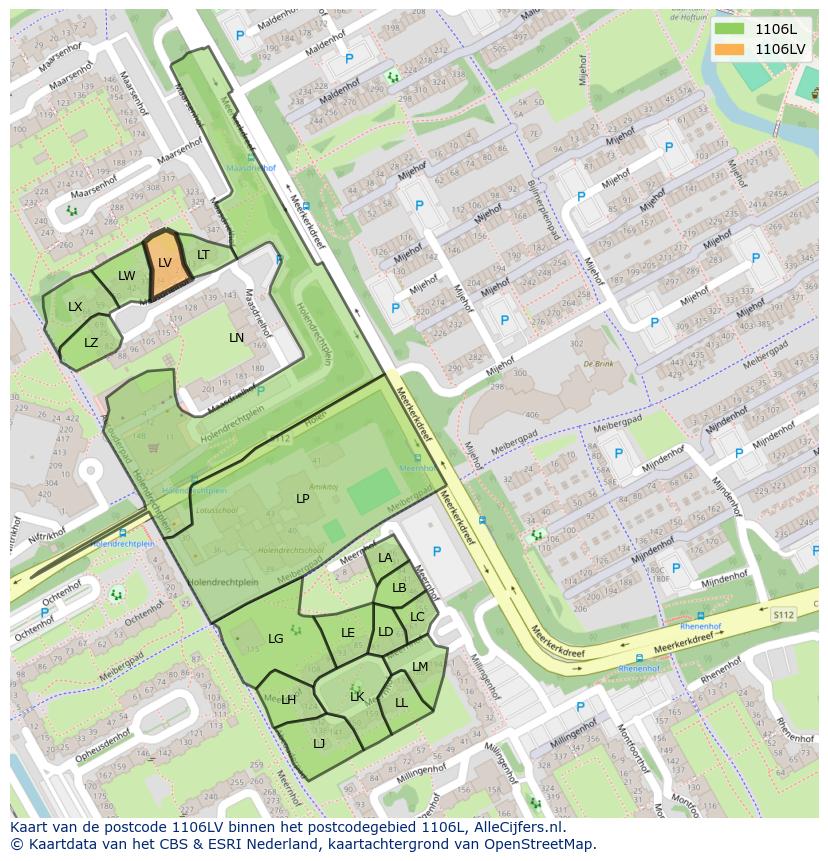 Afbeelding van het postcodegebied 1106 LV op de kaart.