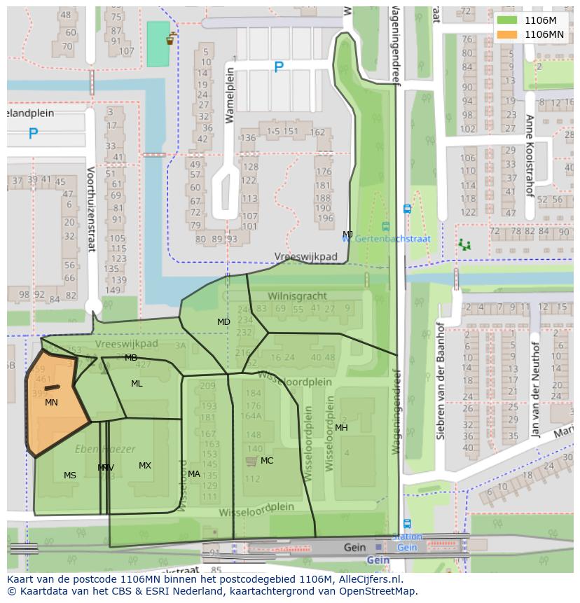 Afbeelding van het postcodegebied 1106 MN op de kaart.