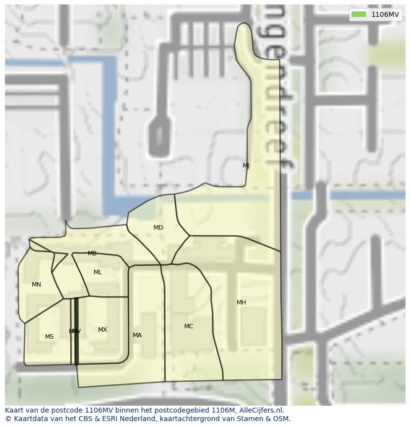 Afbeelding van het postcodegebied 1106 MV op de kaart.