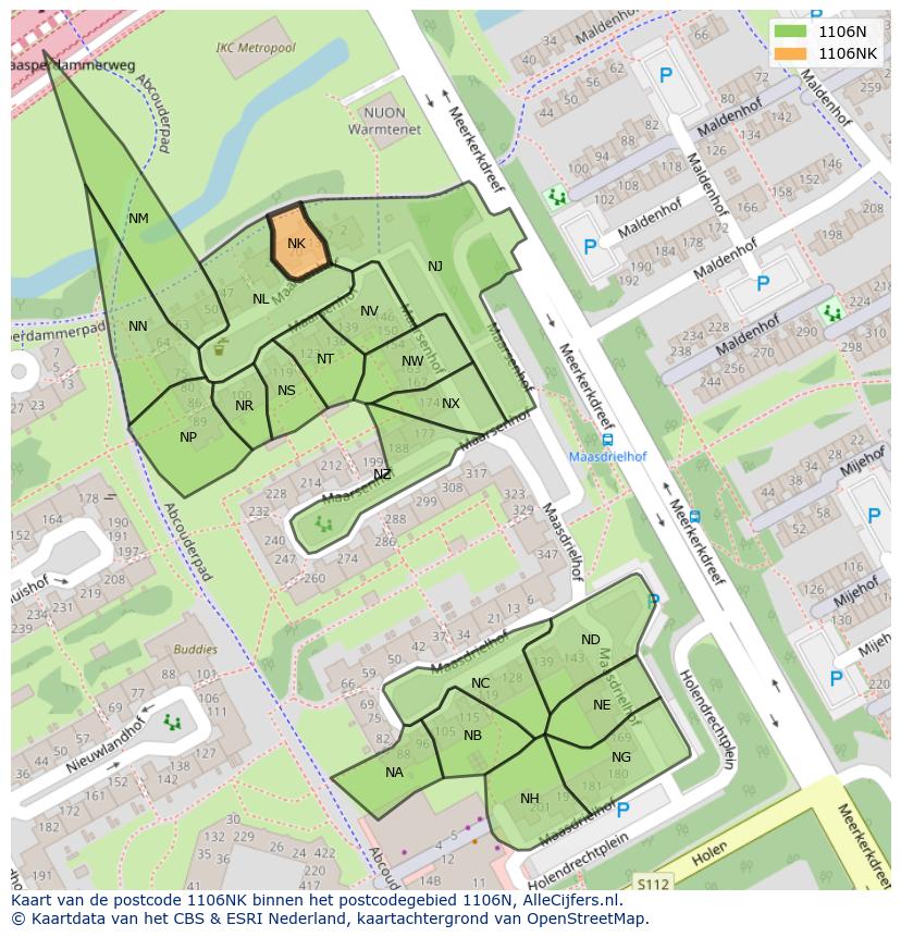 Afbeelding van het postcodegebied 1106 NK op de kaart.