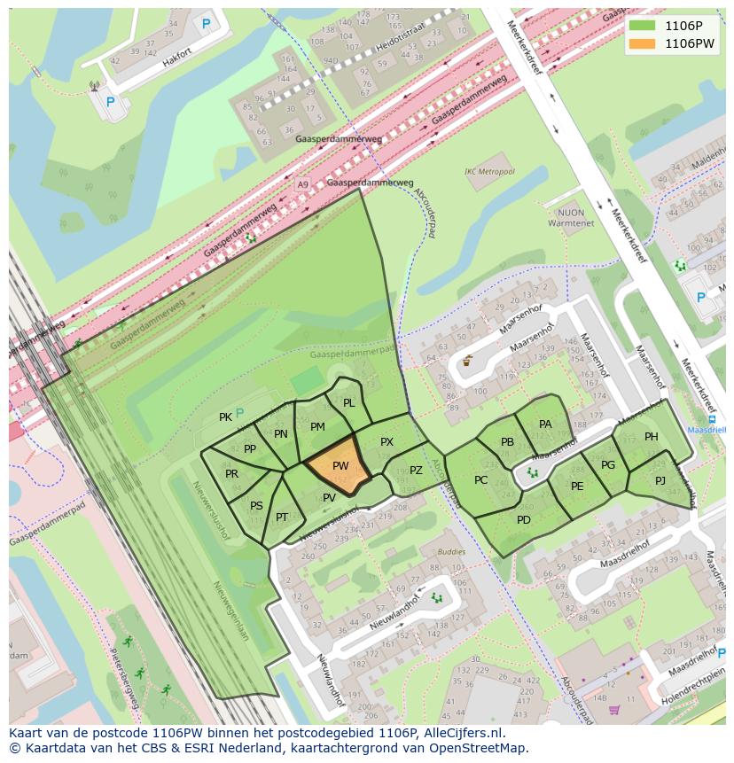 Afbeelding van het postcodegebied 1106 PW op de kaart.