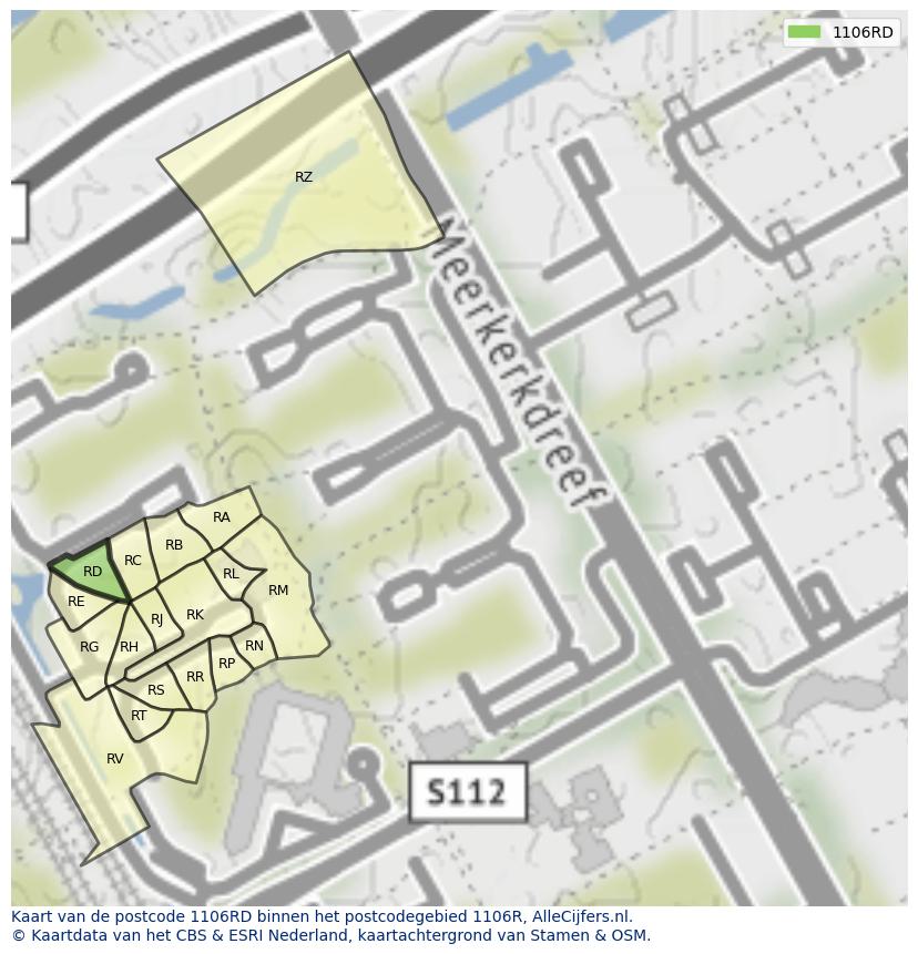 Afbeelding van het postcodegebied 1106 RD op de kaart.