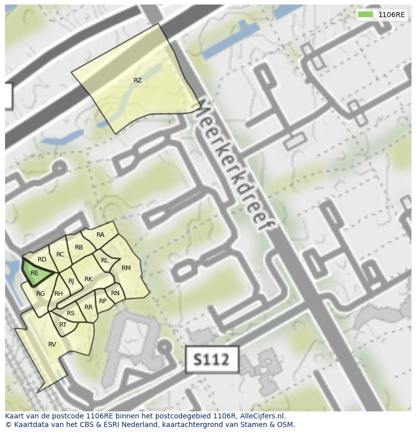Afbeelding van het postcodegebied 1106 RE op de kaart.