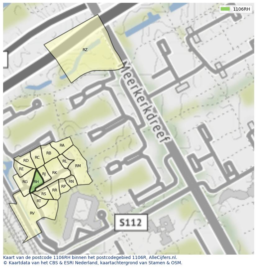 Afbeelding van het postcodegebied 1106 RH op de kaart.