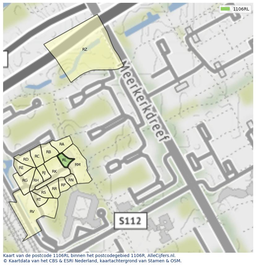 Afbeelding van het postcodegebied 1106 RL op de kaart.