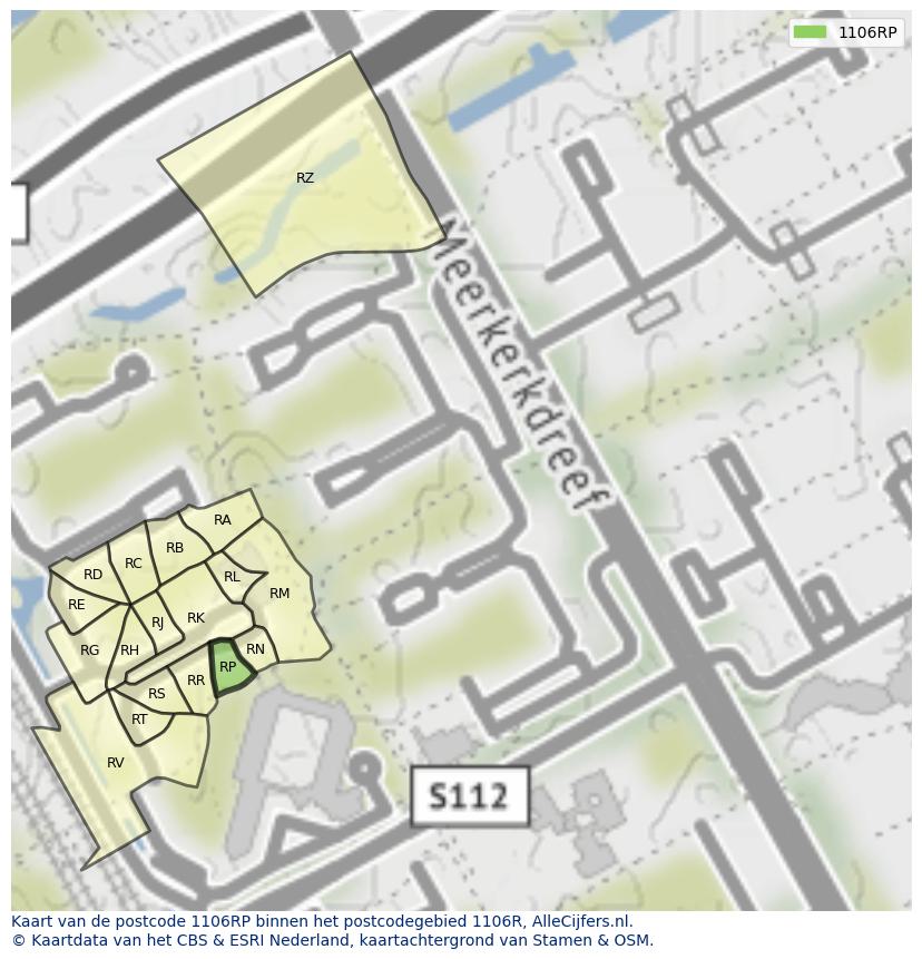 Afbeelding van het postcodegebied 1106 RP op de kaart.