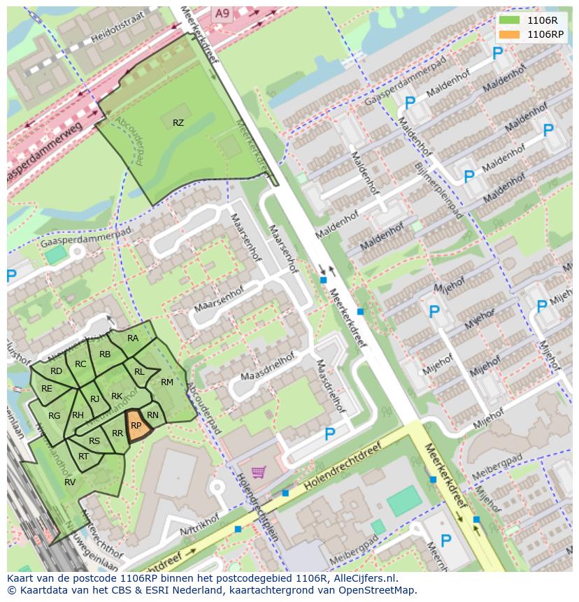 Afbeelding van het postcodegebied 1106 RP op de kaart.