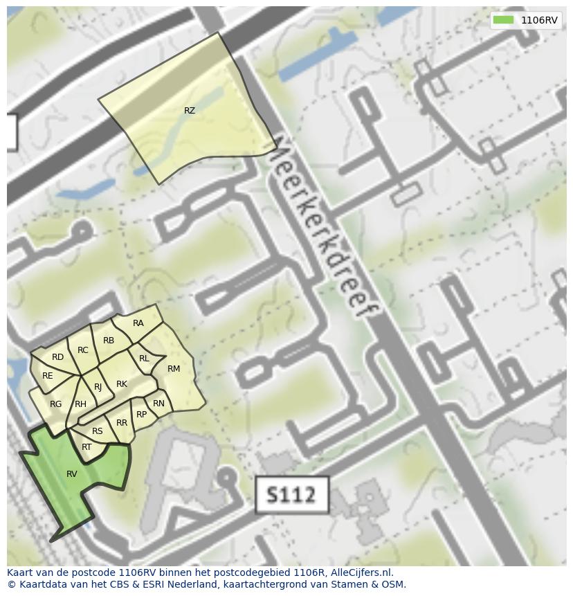 Afbeelding van het postcodegebied 1106 RV op de kaart.