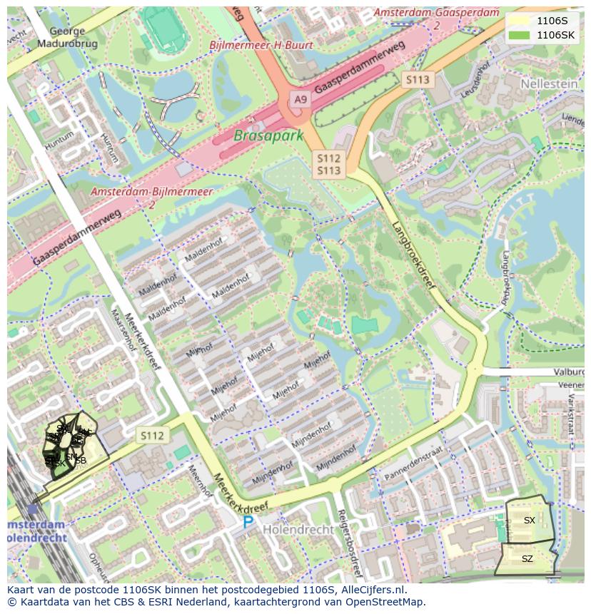 Afbeelding van het postcodegebied 1106 SK op de kaart.