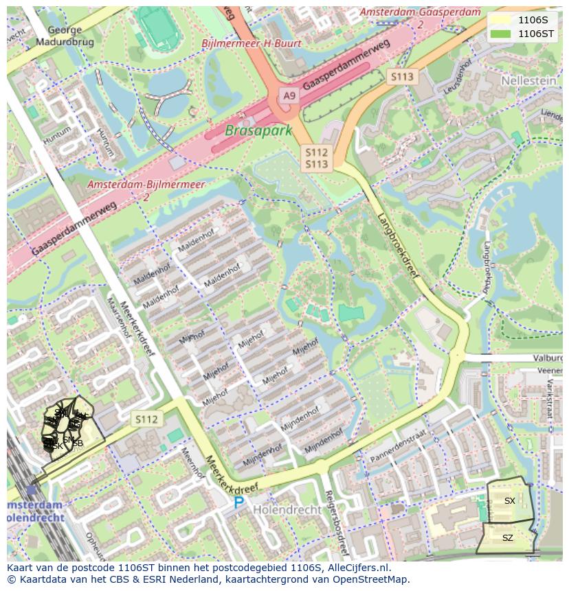 Afbeelding van het postcodegebied 1106 ST op de kaart.