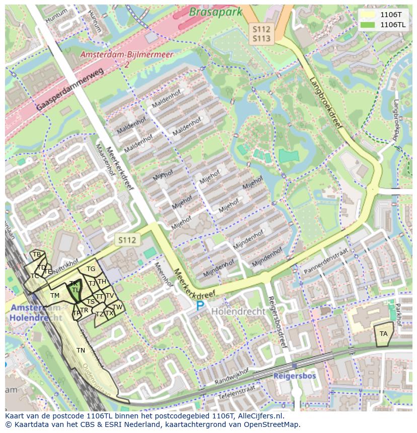 Afbeelding van het postcodegebied 1106 TL op de kaart.