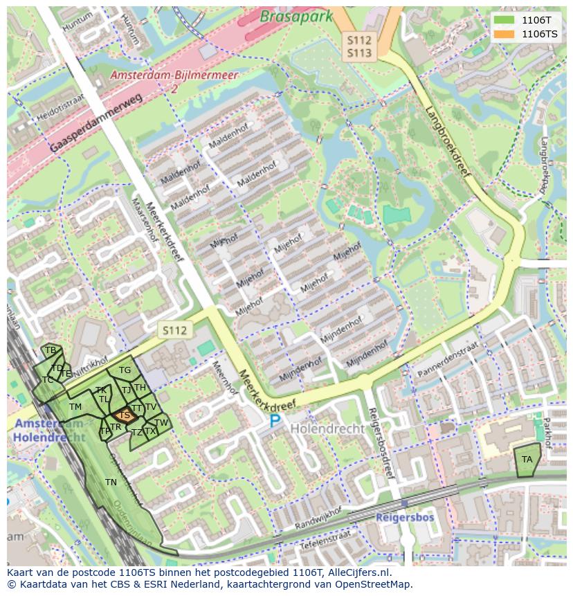 Afbeelding van het postcodegebied 1106 TS op de kaart.