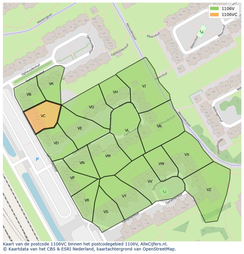 Afbeelding van het postcodegebied 1106 VC op de kaart.
