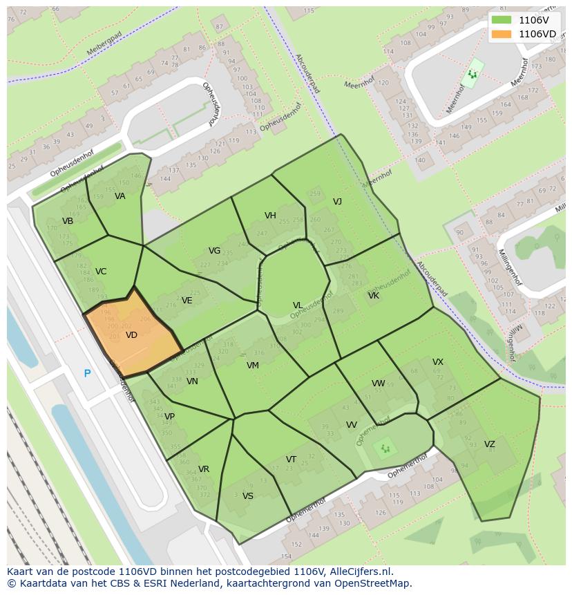 Afbeelding van het postcodegebied 1106 VD op de kaart.