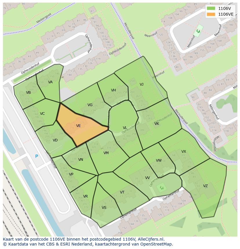 Afbeelding van het postcodegebied 1106 VE op de kaart.