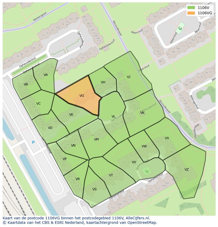Afbeelding van het postcodegebied 1106 VG op de kaart.