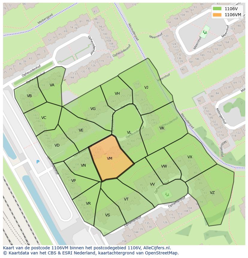 Afbeelding van het postcodegebied 1106 VM op de kaart.