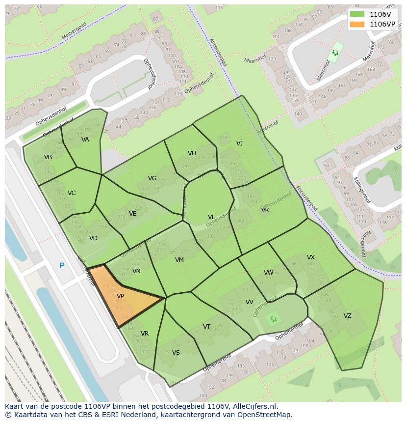 Afbeelding van het postcodegebied 1106 VP op de kaart.