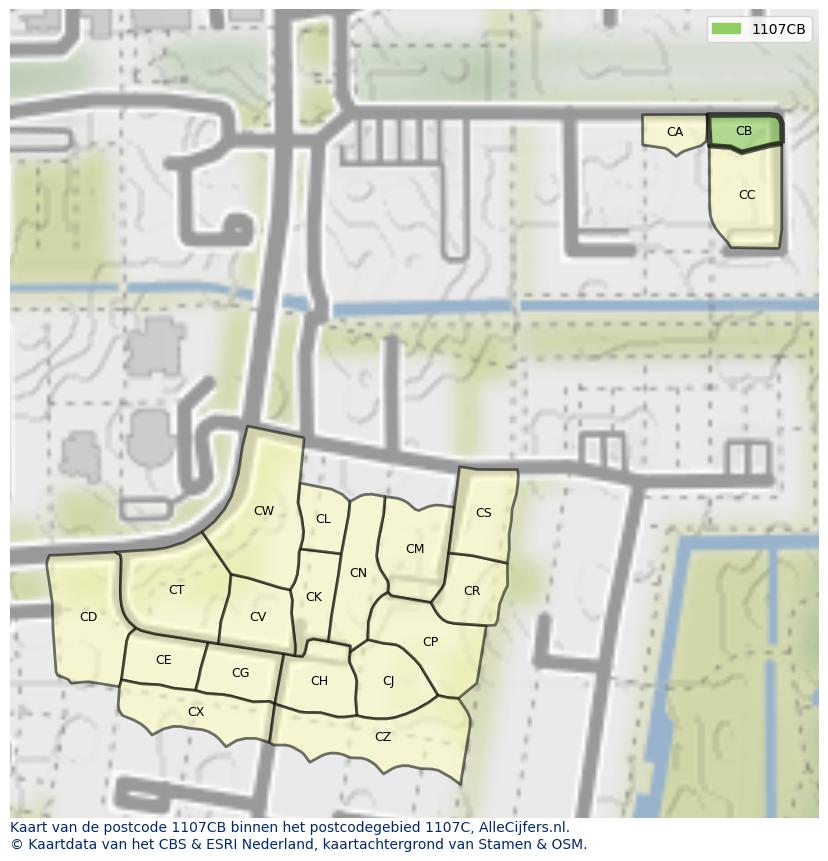 Afbeelding van het postcodegebied 1107 CB op de kaart.