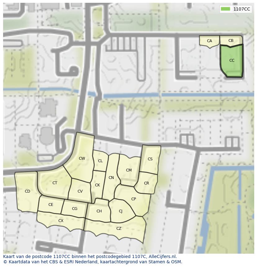 Afbeelding van het postcodegebied 1107 CC op de kaart.
