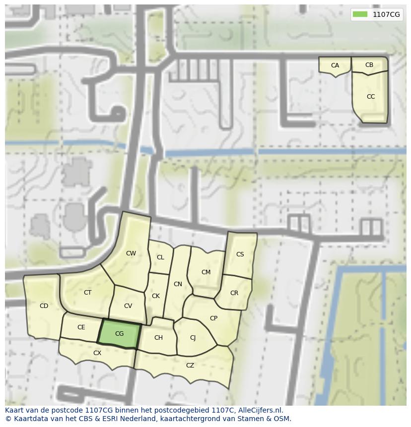 Afbeelding van het postcodegebied 1107 CG op de kaart.