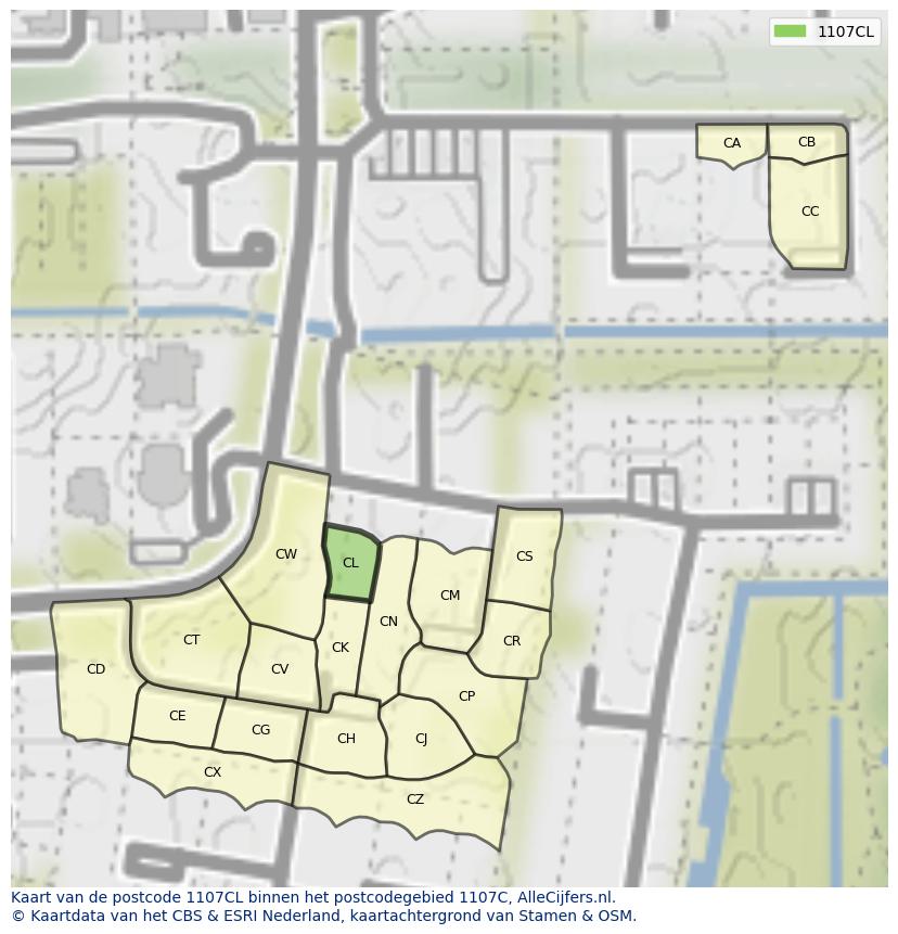 Afbeelding van het postcodegebied 1107 CL op de kaart.