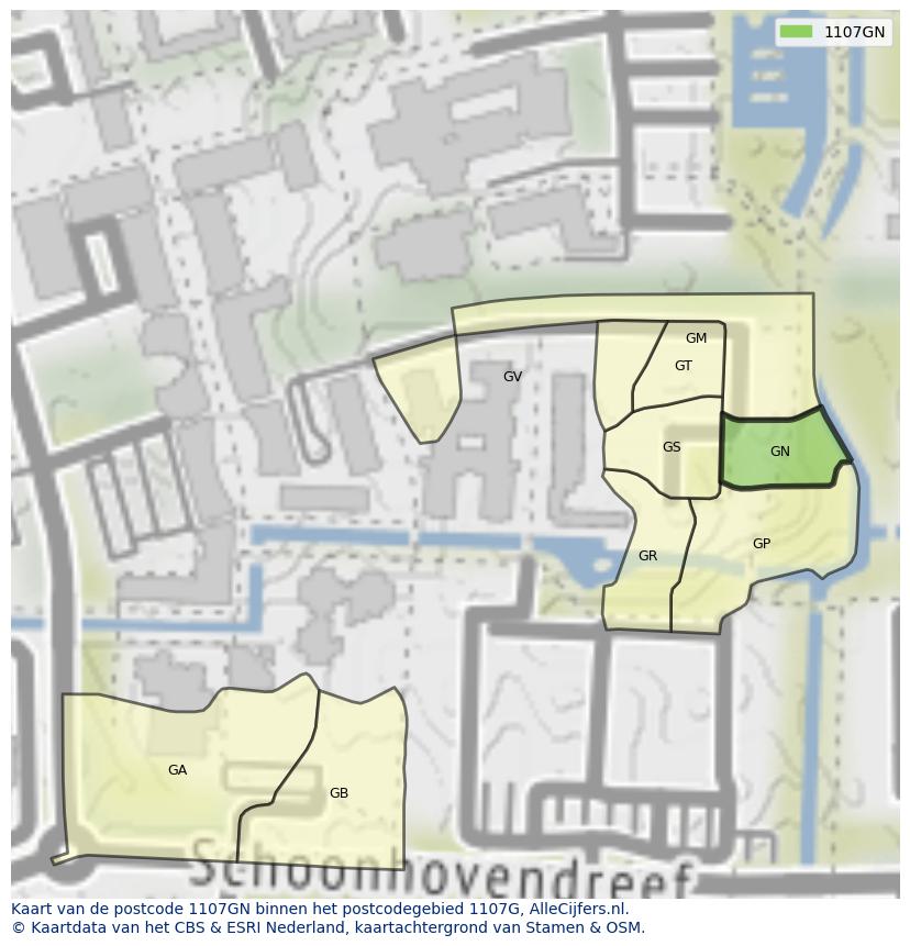 Afbeelding van het postcodegebied 1107 GN op de kaart.