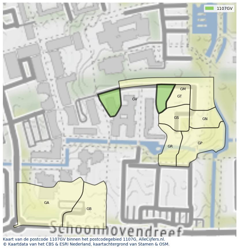 Afbeelding van het postcodegebied 1107 GV op de kaart.