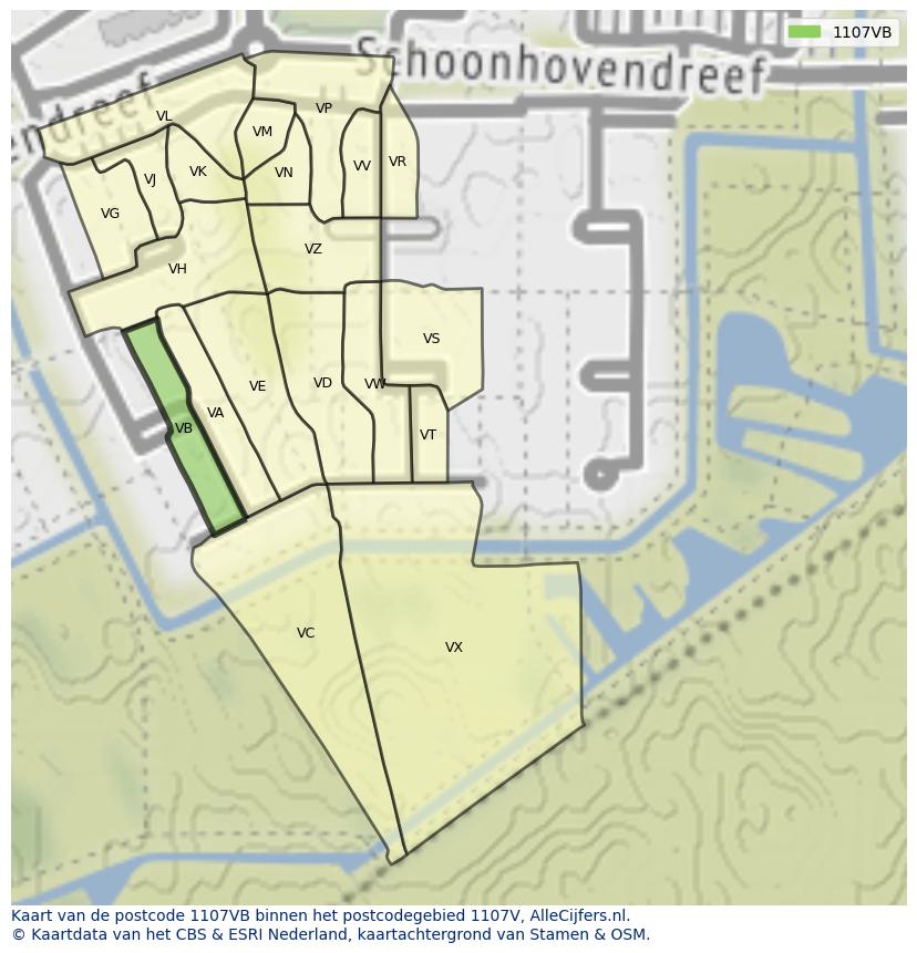 Afbeelding van het postcodegebied 1107 VB op de kaart.