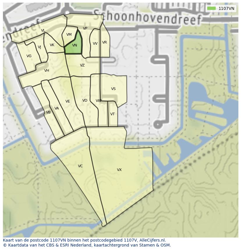 Afbeelding van het postcodegebied 1107 VN op de kaart.