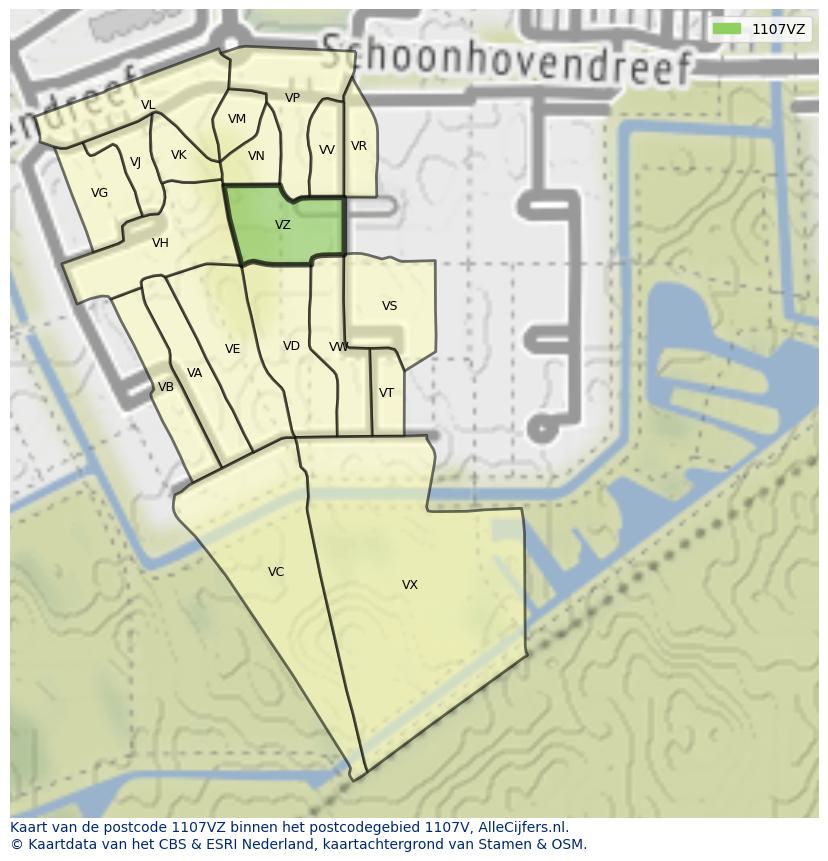 Afbeelding van het postcodegebied 1107 VZ op de kaart.