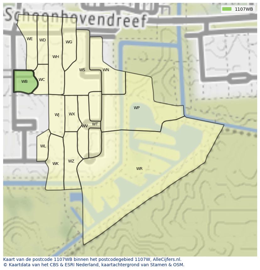 Afbeelding van het postcodegebied 1107 WB op de kaart.