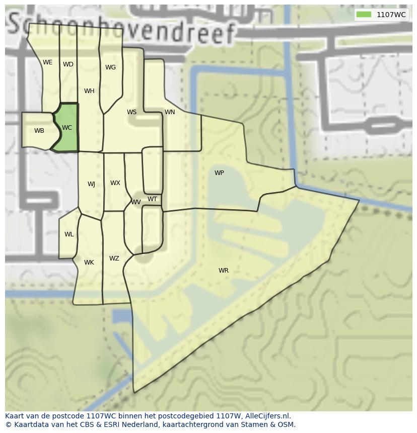 Afbeelding van het postcodegebied 1107 WC op de kaart.